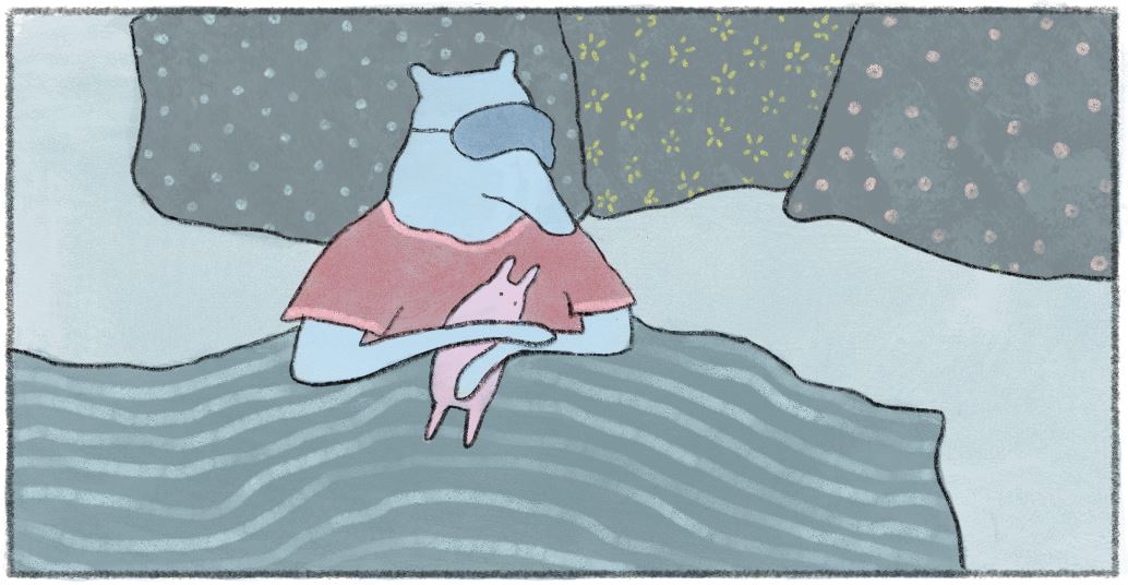 a cartoon animal sleeping with a mask over its eyes