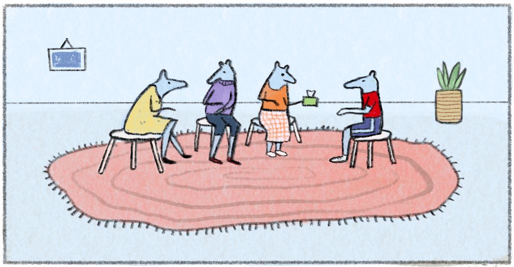 four cartoon animals sitting in chairs for therapy